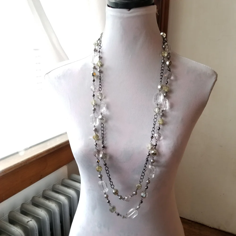Long chunky necklace two strand dark silver tone